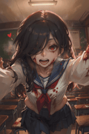 (masterpiece, best quality, absurdres, high details, perfect), 1girl, solo, pale skin, black messy hair, absurdly long hair, long bangs, red eyes, hair over eyes, small breasts, narrow waist, white serafuku, blue sailor collar, red neckerchief, blue pleated skirt, long sleeves, yandere, upper body, crazy eyes, crazy smile, glowing, glowing eyes, classroom, night, no light, looking at viewer, leaning forward, outstretched arms, pov, blood, blood on face, blood on clothes, blood splatter, open mouth, spoken heart, horror \(theme\), dark aura, straight-on, heavy breathing