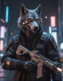 Closeup photo of a cyberpunk wolf in night city holding a futuristic gun