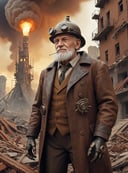 (closeup old man in a destroyed city  atomic blast in the background), steampunk robot happy Funny cartoonish, by Gediminas Pranckevicius