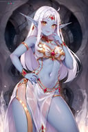 <lora:Puppypaww_Style:0.8>,((masterpiece,best quality)),  1girl, perfect face, Azshara, elf ears, long ears, white hair, long hair, long brows, colored skin, blue skin, grey skin, yellow eyes, jewelry, white dress, <lora:Queen_Azshara_ElfWorld_of_Warcraft:0.8> solo, smiling, hand on hip, side view, from below, contrapposto, looking at viewer, cowboy shot,