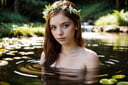 forest lily pond, ginger woman relaxing in water, nervous expression, upper body portrait, sheer white cloth, natural, flower crown, eyes contact, scenic, summer, shallow depth of field, vignette, highly detailed, high budget Hollywood film, bokeh, cinemascope, moody, epic, gorgeous, film grain