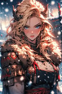 busty and sexy girl, 8k, masterpiece, ultra-realistic, best quality, high resolution, high definition,  <lora:YIN-VIKINGGIRL (6):1>, VIKING GIRL,snowing