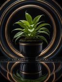 cinematic anamorphic psychedelic (hasselblad§:1.2) potted plant on black reflective glass with mirrors and infinite refractive loops, extremely detailed, 8k, 35mm photograph, amazing natural lighting, brilliant composition, symmetrical pattern 