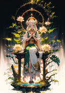 dreamy, serene, white and green:1.2),(full body, sitting, Guanyin with jade bottle:1.1),(praying hands),(blessing),(smiling),(compassionate),(lotus throne, floating, below Guanyin:1.2),(lotus flowers, branches),(dry ice, fog, below:1.1),(from front),(medium shot),As she sits on a floating lotus throne, Guanyin holds a jade bottle and makes a praying gesture. She smiles and blesses the world with her compassion. Behind her, lotus flowers and branches surround her, creating a natural and peaceful backdrop. Below her, dry ice forms a fog that adds to the dreamy atmosphere. The main colors are white and green, creating a pure and harmonious mood.(magazine:1.3), (cover-style:1.3), fashionable, woman, vibrant, outfit, posing, front, colorful, dynamic, background, elements, confident, expression, holding, statement, accessory, majestic, coiled, around, touch, scene, text, cover, bold, attention-grabbing, title, stylish, font, catchy, headline, larger, striking, modern, trendy, focus, fashion,, baisixuegao,white pantyhose,, masterpiece, best quality, lens flare, depth of field, motion blur, (backlighting, Backlight:1.1),  grating,raster,(Light through hair:1.2),from side,