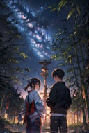 masterpiece, best quality, (1 boy and 1 girl:1.3), couple, beautiful and detailed art, decorate bamboo branches with tanzaku strips, milky way, Tanabata, the beauty of romance and the power of dreams in Japanese culture, Vega, Altair