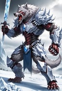 Big werewolf wolf warrior, wearing ice knight armour, strong claws, holding ice sword, red eyes, sharp teeth, open_mouth, angry look, walking on field, fantasy magic world, fantasy magic beast, ,mecha, anime, SimpleNegative_AnimeV1