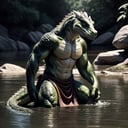 Skaash_(a male lizardfolk covered in rough scales and with a long_tail) wading in a river, wearing a loincloth, concentrating, (looking_down:1.2)_into the water for fish, exaggerated lines, bold colors