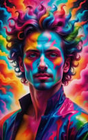(best quality, 8K, highres, masterpiece), ultra-detailed, (super colorful, vibrant), in a mesmerizing and swirling composition, an ethereal madman with wild, multi-hued hair and an enigmatic, mischievous grin captivates viewers. The neon painting bursts with a kaleidoscope of vivid and contrasting shades that bring the character to life in a dazzling display of colors. Elongated limbs and vibrant, pointed facial features add an element of energetic expression and intrigue, while the artist's intricate and vibrant brushwork showcases a masterful skill and unwavering attention to detail. This high-quality image transports us into a world of awe-inspiring wonder, evoking a sense of curiosity and fascination