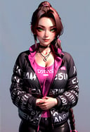 masterpiece, best quality, rating: general, newest, solo, 1girl, defaerith, smirk, looking at viewer, own hands together, braided ponytail, pink bow, hair bow, choker, necklace, dripjacket, black jacket, clothes writing, black pants <lora:aerith-xl-nvwls-v1:0.8> <lora:attire_dripjacket_xl-000004:1>