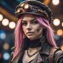 closeup picture of an 25 years old cyberpunk woman,wearing an steampunk hat, dieselpunk mechanic clothing, high quality photography, 3 point lighting, flash with softbox, 4k, Canon EOS R3, hdr, smooth, sharp focus, high resolution, award winning photo, 80mm, f2.8, bokeh