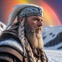 Epic Closeup photo of Odin in an ice landscape, an rainbow is in the background, high quality photography, 3 point lighting, flash with softbox, 4k, Canon EOS R3, hdr, smooth, sharp focus, high resolution, award winning photo, 80mm, f2.8, bokeh