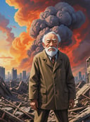 (closeup old man in a destroyed city  atomic blast in the background), oil painting from studio ghibli film, by noriyuki morimoto, digital artist, bright and bold colors, expansive sky, sense of adventure, epic scope studio ghibli