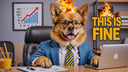 Photo of dog in suit and glasses, sitting at table in office on chair, (a lot of fire) everywhere, burning financial charts and market screens, flame, laptop, thick yellow fur BREAK with a text bubble that says "this is fine"