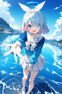 1girl,arona \(blue archive\),blue eyes,colored inner hair,blue hair,smile,open mouth,looking at viewer,bow hairband,blue sailor collar,white pleated skirt,braid,choker,halo,white sailor collar,serafuku,shirt bow,long sleeves,blue school uniform,blue sky,standing on water's surface,(Magnificent view:1.4),chromatic aberration,blurry,(depth of field:1.1),perspective,masterpiece,best quality,