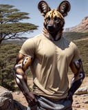 anthro, african wild dog, male, adult, veiny muscles, muscular, pants, t-shirt, hands on hips, smirk, realistic fur, detailed background, wilderness background, hyper realism, RAW photo, (realism, photorealistic:1.3), detailed, hi res,