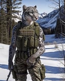 anthro, snow leopard, solo, female, adult, bulletproof vest, military pants, realistic fur, detailed background, wilderness background, hyper realism, RAW photo, (realism, photorealistic:1.3), detailed, hi res,