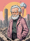 (closeup old man in a destroyed city  atomic blast in the background), Sticker, Cute sticker, Kawaii sticker, die-cut, plain background, illustration minimalism, vector, pastel colors, kawaii