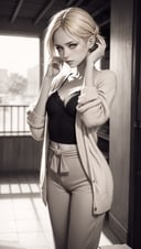 a 20 yo girl,cute,blushed,(sandy blonde hair),wearing wrap cardigan,paperbag waist cropped pants and mary jane shoes,hands on head,displaying frustration,small breasts,((madison beer:0.3), (barbara palvin:0.3), (karlie kloss:0.4)),blurred desaturated bokeh background,dark theme,soothing tones,muted colors,high contrast,(natural skin texture, hyperrealism, soft light, sharp),(close-up shot) artistic photoshoot,milkmaid braid hair,