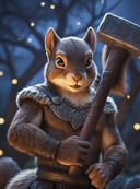 Closeup photo of an anthro thor viking squirrel , holding the  mjolnir hammer with glowing runes, yggdrasil  treein background, epic night, high quality photography, 3 point lighting, flash with softbox, 4k, Canon EOS R3, hdr, smooth, sharp focus, high resolution, award winning photo, 80mm, f2.8, bokeh