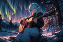 the cloud elf queen, playing guitar, acoustic guitar, dark moody lighting, starry sky, snowy mountains and forest, glittering, volumetric lighting, aurora,