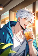 1boy, male focus, holding drink, holding, drink, toned male, toned, pectorals, jacket, open jacket, open clothes, tank top, chain necklace, necklace, stud earrings, earrings, jewelry, cafe, plant, indoors, lens flare, solo, looking at viewer, open mouth, fang, white hair, yellow eyes, short hair, best quality, amazing quality, best aesthetic, absurdres, year 2023