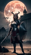 highly realisitc,cinematic lighting,(hard shadows:1.1),beautiful female viking valkyrie in battle with damaged armor,battle axe,shield,blood,full moon,background ist medieval battlefield with corpses,standing,