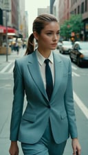 a woman wearing a business suit walking in the city, ponytail, charming, full body shoot, dept, RAW candid cinema, 16mm, color graded portra 400 film, remarkable color, ultra realistic, textured skin, remarkable detailed pupils, realistic dull skin noise, visible skin detail, skin fuzz, dry skin, shot with cinematic