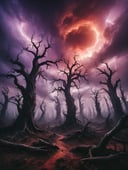 paranormal Photograph of ((a desolate landscape of twisted, blackened trees, their gnarled branches reaching up like skeletal fingers towards a blood-red sky, a gathering storm brews, above everything a swirling vortex of shadow and mist materializes, its edges tinged with an eerie purple glow. Within the vortex, spectral figures twist and contort, their forms shifting between ethereal and grotesque. They seem to be locked in eternal torment, their hollow eyes staring out with a malevolent intensity. Lightning crackles across the sky, illuminating the scene with jagged bursts of electric blue. The air is thick with a palpable sense of dread, as if the very fabric of reality is being torn asunder by the presence of these unholy arial phantasms)), BREAK,<lora:MysticVision_XL_fp16:1>