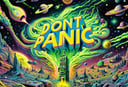 DonMD0n7P4n1cXL, text "DON'T PANIC!", hyper detailed masterpiece, dynamic realistic digital art, awesome quality,ionosphere subterrane,interstellar pottery studio,citrine yellow molten steam pollution caustics rendering,self-fulfilling prophecy, digital sensors  <lora:DonMD0n7P4n1cXL:1>