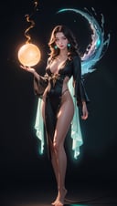 Detailed background,(dungeon with spirits flying about),particles,(style-swirlmagic:0.9),floating particles,glowing orb,masterpiece,(realistic, photo-realistic:1.37),22 year old woman,brown flowing hair,(green glowing eyes),beautiful face,perfect illumination,looking at viewer,(wearing sorcerer robes)(body illumination:1.5),((full body shot, standing)),