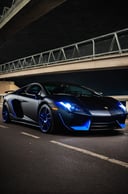 Lamborghini matte black blue head lights on a bridge, car photography 