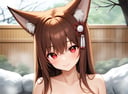 1girl, long hair, animal ears, brown hair, score_9, red eyes, smile, outdoors, tree, fox tail, looking at viewer, hair ornament, medium breasts, onsen, bathing, submerged,  covering breasts,