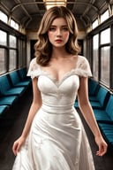 <lora:Yuri:0.7>,a girl with a round cherubic face hazel eyes and short wavy light brown hair,Special Occasion Flowing white wedding dress with lace details and a long train. high contrast dramatic shadows 1940s style mysterious cinematic,(high quality awardwinning masterwork 4k highly detailed),Ambient lighting