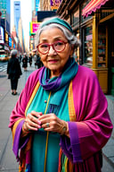 Wide angle photorealistic highly detailed 8k photography, (Wise old woman in vibrant New York street:1.2), Rule of thirds composition, Spectacles and shawl, (Wrinkled hands:1.2), Bustling city scene, Colorful storefronts, (Lifelike portrayal:1.3), Warm sunlight, Captivating realism