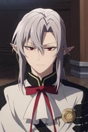 score_9, score_8_up, score_7_up, source_anime, rating_safe, intricate details, anime screencap, , , looking at viewer, , 1boy, solo, male focus, <lora:ferid_bathory_pony:1>, ferid_bathory, grey hair, red eyes, long hair, hair between eyes, pointy ears, ponytail, from above, dock, indoors, dark, v arms, relaxed, , <lora:sdxl_lightning_8step_lora:1>
