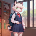 1girl, cat ears, tail, nice hands, perfect hands, green eyes, backpack, pinafore dress, white shirt, white socks, long sleeves, aged down, short hair, belt, red bowtie, bangs, school uniform, blue dress, collared shirt