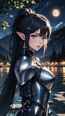 (Style-GHL:0.5),(Style-DA:1.1),dsshadowheart in a field with full of trees,long trees,(lake),beautiful view with mountains,black hair,long hair,ponytail,bangs,braid,hair ornament,pointy ears,green eyes,circlet,armor,((fully armored)),dark silver and leather armor,breastplate,pauldrons,action scene,moon shining in the sky,(cute:0.8),(beautiful:0.8),beautiful model body,skin details,((colorful)),(dramatic lighting, cinematic lighting, volumetric lighting:1.1),dark,(starry night),professional photography,intricate,intricately detailed face and eyes,sharp focus,realistic body proportions,well drawn,masterpiece,ultra detailed,high quality,best quality,4k,8k,