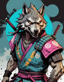 a wrathful samurai wolf is storming the battlefield, anthropomorphic, beautiful, borderlands 3 psycho portrait, colourful vector, graphic novel, grunge