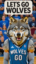 Photo of Timberwolves mascot with a text bubble that says "LETS GO WOLVES" MEMES 