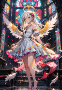 (masterpiece, high quality, highres,Highest picture quality), (Master's work),(religion theme :1.25),blurry background,warm light,, (colorful:0.7),(church:1.1), (Flower window glass,tyndall effect,1.05), floating white feathers, (halo:0.95),light on face,(zentangle:1.3),(closed eyes:0.55),eyelashes,(1loi:1.1),angel,angel wings,white wings,huge wings,solo,collarbone,(crucifix:1.1) necklace,ornament,(blush:0.6), (ahoge:1), (makeup:0.5), small breasts, (head tilt:0.75),white dress,see-through, floating in the air, graceful,noble, barefoot, Standing at an angle,(from side:0.8),bare shoulders, shiny skin, shiny hair,long hair, peaceful,(bright pupils:1.1), yellow eyes, white hair, floating hair,cold face,pixel,pixel art,