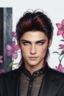 Watercolor painting 1male, black red hair,light grey eyes, thin face,  triangle flowers background   <lora:astaroth:0.6>    . Vibrant, beautiful, painterly, detailed, textural, artistic