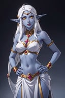 (high quality, detailed, beautiful), 1girl, perfect face,Azshara, elf ears, long ears, white hair, long hair, long brows, colored skin, blue skin, grey skin, yellow eyes, jewelrywhite clothes, hands on hips,dark background,<lora:Queen_Azshara_Elf__World_of_Warcraft:0.7>