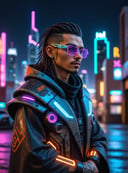 portrait photo of an old cyberpunk mage, an futuristic cityscape at night in the background, The sky is full of flying cars and drones, with neon lights illuminating the streets below, rusted metal and graffiti, high quality photography, 3 point lighting, flash with softbox, 4k, Canon EOS R3, hdr, smooth, sharp focus, high resolution, award winning photo, 80mm, f2.8, bokeh