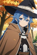 score_9, score_8_up, score_7_up, source_anime, rating_safe, , anime screencap, , , , , roxy migurdia, bangs, black headwear, blue eyes, blue hair, braid, brown cape, cape, hair between eyes, witch hat, long hair, solo, wide angle, wide shot, cowboy shot, trees, autumn, leaves, dark, breast rest, :\3, <lora:mushoku_tensei_style_pony:0.76>, mushoku_tensei_style, <lora:sdxl_lightning_8step_lora:1>