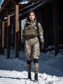 photorealistic, beautiful, moody lighting, best quality, realistic, full body portrait, real picture, intricate details, depth of field, 1girl, in a cold snowstorm, A very muscular solider girl with haircut, wearing winter camo military fatigues, camo plate carrier rig, combat gloves, magazin pouches, kneepads, highly-detailed, perfect face, blue eyes, lips, wide hips, small waist, tall, make up, tacticool, Fujifilm XT3, outdoors, bright day, Beautiful lighting, RAW photo, 8k uhd, film grain