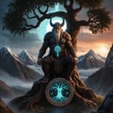 Epic artwork vector logo ,insane details odin hanging on yggdrasil, glowing runes, valhalla, text"valhalla"
