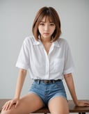 masterpiece, best quality, portrait photo of a 18 years old j-pop girl sitting on the table, wearing shorts, white shirt, beautiful face, perfect eyes, medium haircut, random pose, posing to viewer, low angle/from below, spread legs,<lora:hinaMaybeBetterPoseXL_v1:0.7>