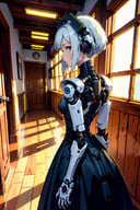 android, robot joints, maid dress, cybernetic, indoors, hallway, window, garden, wooden flooring, expressionless, hands behind back