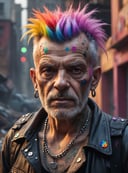 (closeup old man in a destroyed city  atomic blast in the background), in a punk style, piercings, tatoos, trash, garbages, color paint splats, coloured spoils, dust and scratches, punk crete, rainbow coloured hairs,synthwave,dark mood lighting