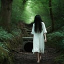 cinematic film still of  <lora:Kayako Saeki Sadako Yamamura:1>Sadako Yamamura a woman with her hair covering her face in a white dress walking through a forest with a pit well in background,1girl,solo,long hair,black hair,dress,standing,outdoors,barefoot,from behind,white dress,tree,nature,dark,horror (theme),dirty feet,yamamura sadako , pale skin, supernatural, horror film, Japanese, extreme rage, sorrow, cinematic, film, movie, movie still, Ju-On The Grudge movie style, shallow depth of field, vignette, highly detailed, high budget, bokeh, cinemascope, moody, epic, gorgeous, film grain, grainy